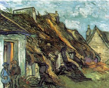 Cottages with thatched roofs and figures